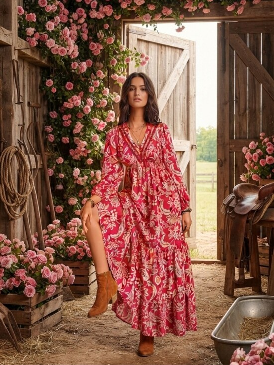 Dresses & Skirts - Floral V-Neck Long Sleeve Maxi Dress - Pink